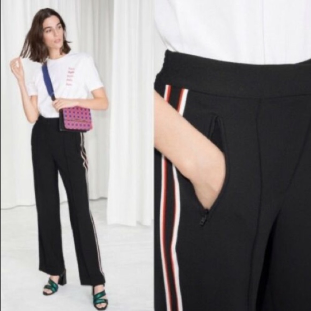 & Other Stories black racer stripe pants with pink stripe